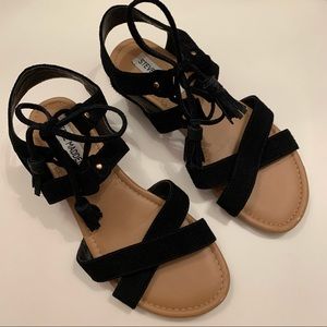 Gladiator Open Toe Black Sandal Flats Tassel Ties
